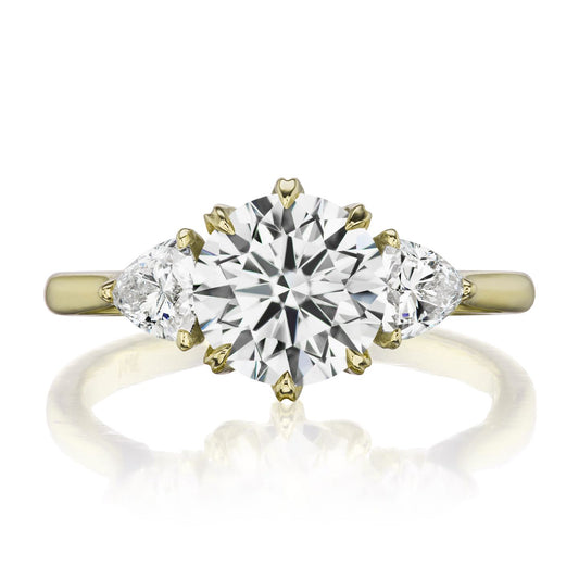 ::color_yellow ::| 1.95ctw round lab-grown diamond three stone engagement ring Magnolia yellow gold trillion diamonds front view