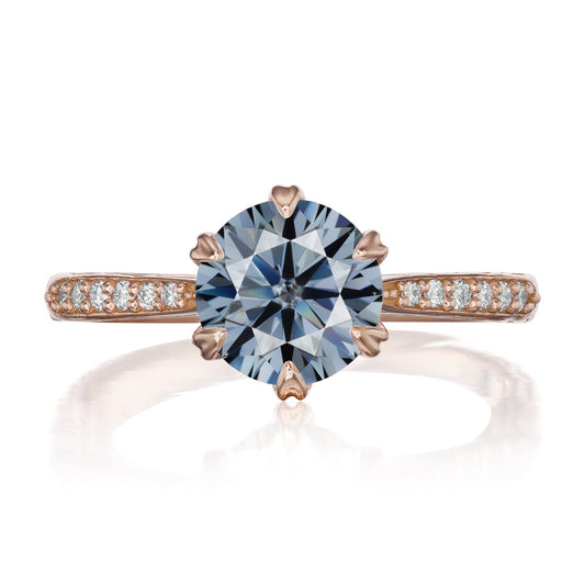 ::color_rose ::| 1.5ctw round grey moissanite engagement ring Camille rose gold diamond shank front view