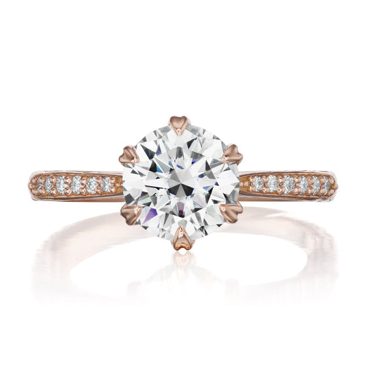 ::color_rose ::| 1.5ctw round moissanite engagement ring Camille rose gold diamond shank front view