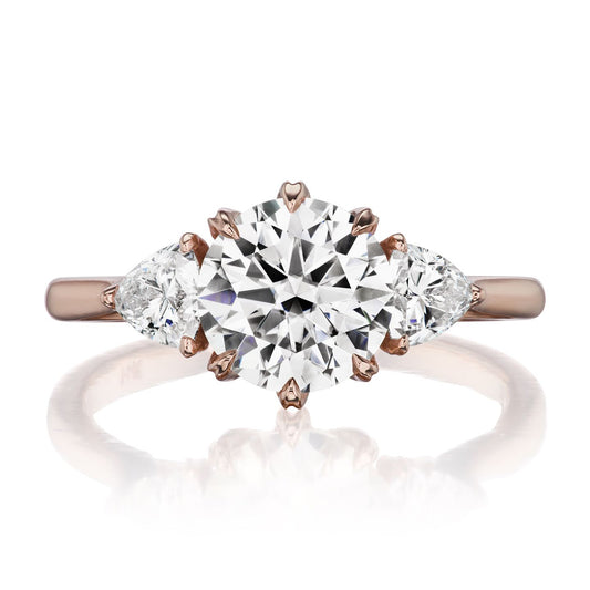 ::color_rose ::| 1.92ctw round moissanite three stone engagement ring Magnolia rose gold trillion diamonds front view