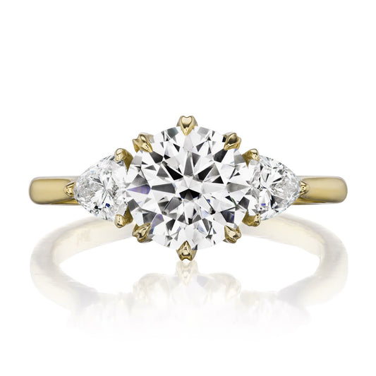 ::color_yellow ::| 1.92ctw round moissanite three stone engagement ring Magnolia yellow gold trillion diamonds front view