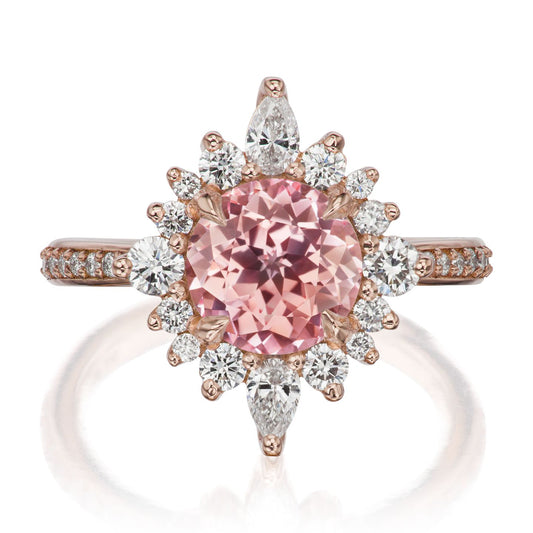 ::color_rose ::shank_halfway_three-quarters ::shank_three-quarters_halfway_no ::| 2.73ctw+ round peach sapphire engagement ring Zahra rose gold diamond shank front view