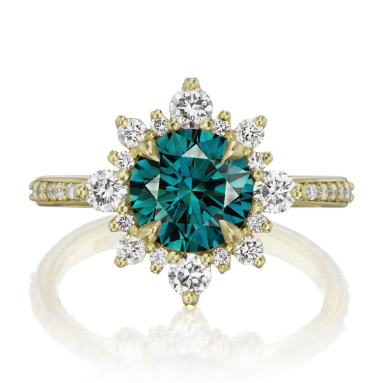 ::| 2.26ctw+ round teal lab-grown diamond engagement ring Reyna yellow gold diamond band front view