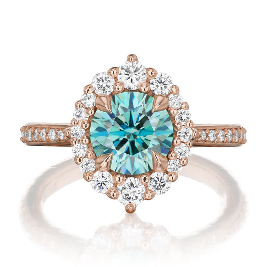 ::color_rose ::shank_halfway_three-quarters ::shank_three-quarters_halfway_no ::| 1.58ctw+ round aqua-teal moissanite engagement ring Emerson rose gold diamond shank front view