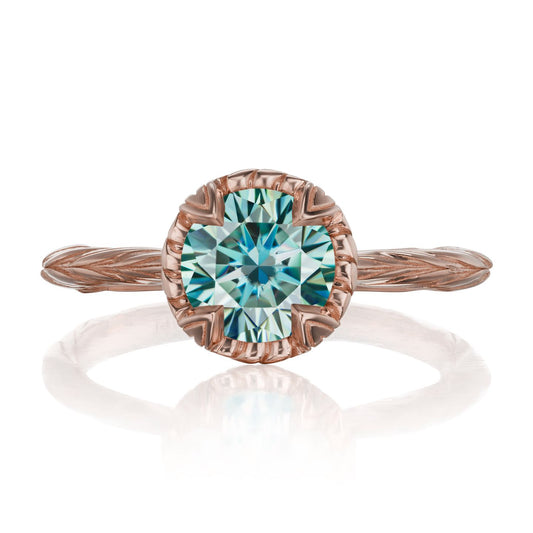 ::color_rose ::| 1.25ctw round aqua-teal moissanite solitaire engagement ring Sienna rose gold front view