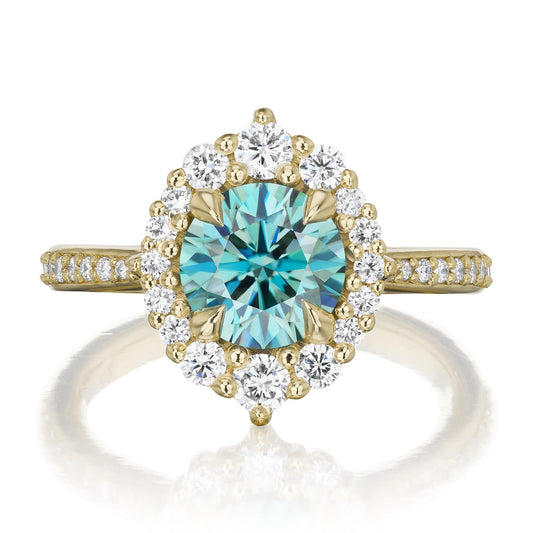 ::color_yellow ::shank_halfway_three-quarters ::shank_three-quarters_halfway_no ::| 1.58ctw+ round aqua-teal moissanite engagement ring Emerson yellow gold diamond shank front view