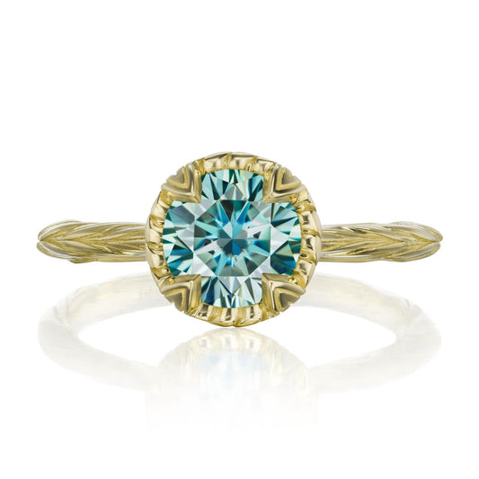 ::color_yellow ::| 1.25ctw round aqua-teal moissanite solitaire engagement ring Sienna yellow gold front view