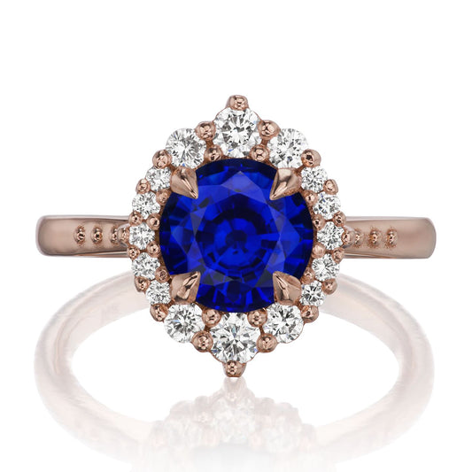 ::color_rose ::shank_no ::shank_three-quarters_halfway_no ::| 2.13ctw+ round blue sapphire engagement ring Emerson rose gold front view