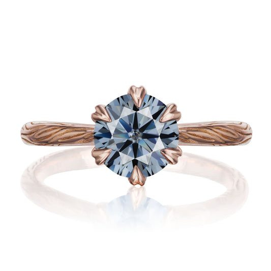 ::color_rose ::| 1.25ctw round grey moissanite engagement ring Violet rose gold twig textured shank front view