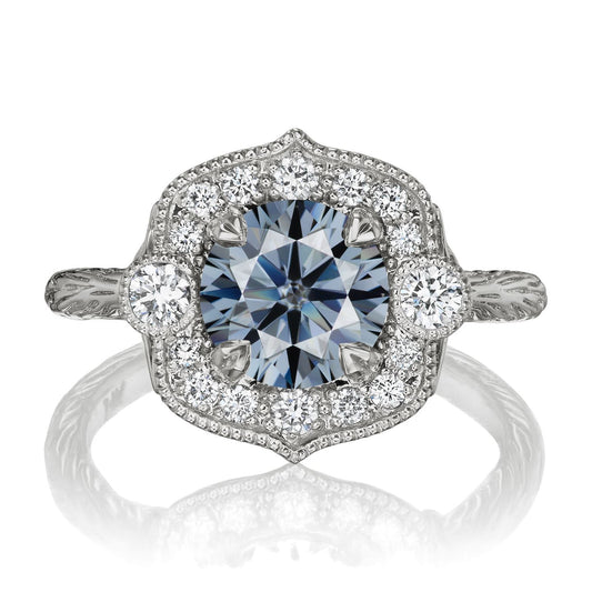 ::color_white ::| 1.55ctw round grey moissanite diamond halo engagement ring Sadie white gold front view