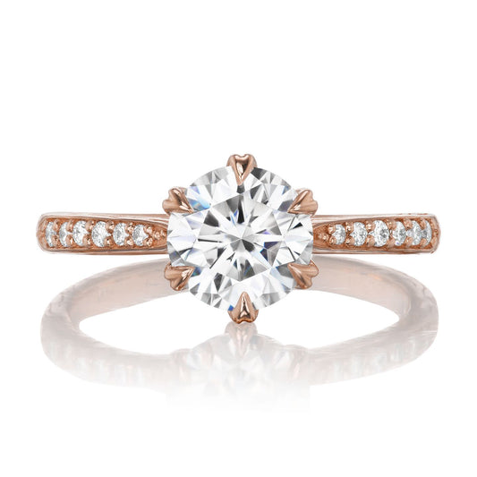 ::color_rose ::| 1.25ctw round moissanite engagement ring Camille rose gold diamond shank front view