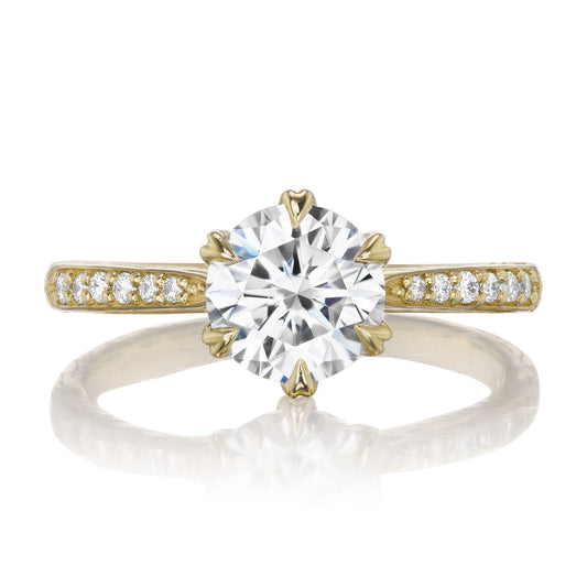 ::color_yellow ::| 1.25ctw round moissanite engagement ring Camille yellow gold diamond shank front view