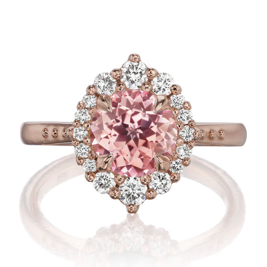 ::color_rose ::shank_no ::shank_three-quarters_halfway_no ::| 2.13ctw+ round peach sapphire engagement ring Emerson rose gold front view