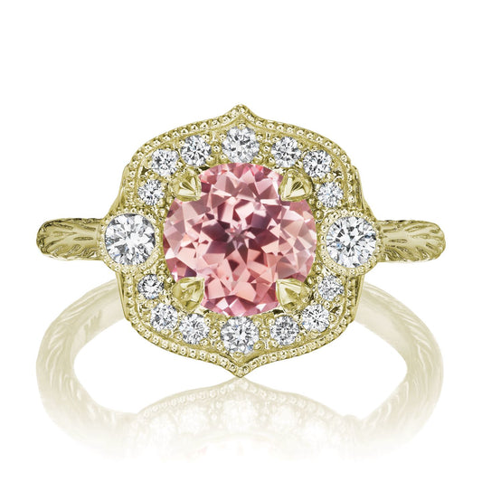 ::color_yellow ::| 2.1ctw round peach sapphire diamond halo engagement ring Sadie yellow gold front view
