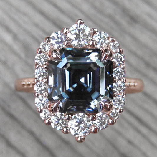 <center><strong>・ROSALIND・</strong><br></center>Asscher Iconic™ Grey Moissanite, Diamond Halo (2.8ct, Ready to Ship)