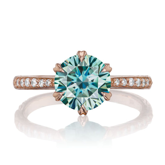 ::color_rose ::| 2ctw round aqua-teal moissanite engagement ring Camille rose gold diamond shank front view