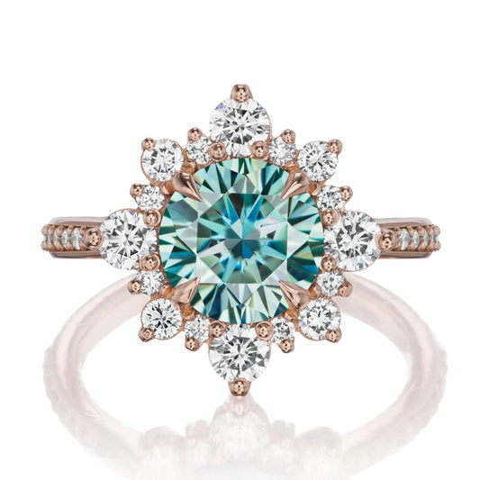 ::color_rose ::shank_halfway_three-quarters ::shank_three-quarters_halfway_no ::| 2.52ctw+ round aqua-teal moissanite engagement ring Reyna rose gold diamond shank front view