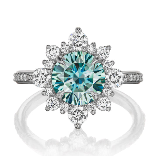 ::color_white ::shank_halfway_three-quarters ::shank_three-quarters_halfway_no ::| 2.52ctw+ round aqua-teal moissanite engagement ring Reyna white gold diamond shank front view