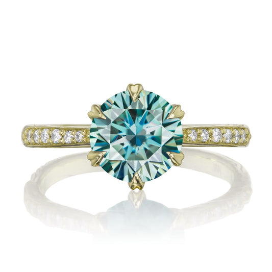::color_yellow ::| 2ctw round aqua-teal moissanite engagement ring Camille yellow gold diamond shank front view