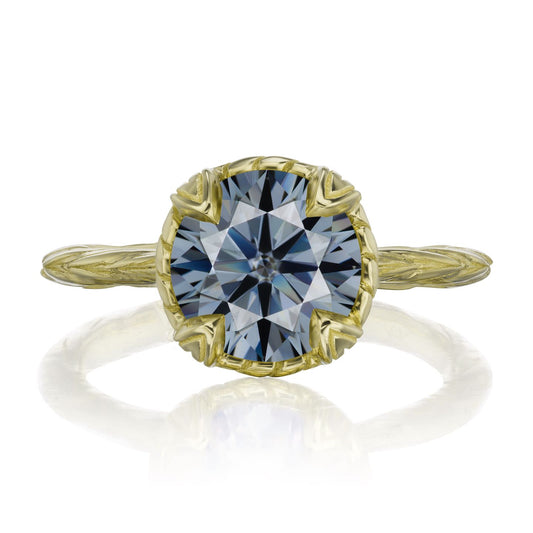 ::color_yellow ::| 2ctw round grey moissanite solitaire engagement ring Sienna yellow gold front view