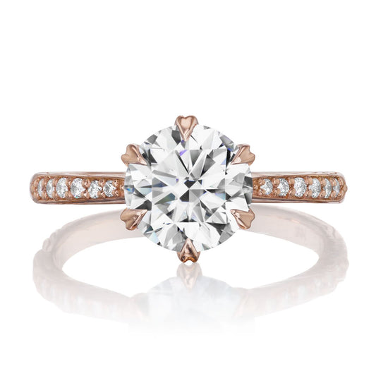 ::color_rose ::| 2ctw round moissanite engagement ring Camille rose gold diamond shank front view
