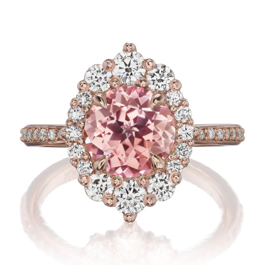 ::color_rose ::shank_halfway_three-quarters ::shank_three-quarters_halfway_no ::| 3.25ctw+ round peach sapphire engagement ring Emerson rose gold diamond shank front view