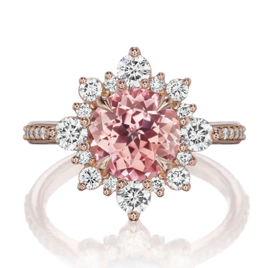 ::color_rose ::shank_halfway_three-quarters ::shank_three-quarters_halfway_no ::| 3.22ctw+ round peach sapphire engagement ring Reyna rose gold diamond shank front view