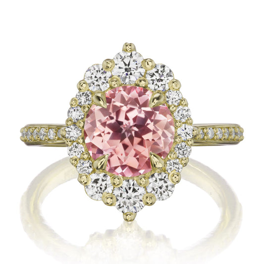 ::color_yellow ::shank_halfway_three-quarters ::shank_three-quarters_halfway_no ::| 3.25ctw+ round peach sapphire engagement ring Emerson yellow gold diamond shank front view