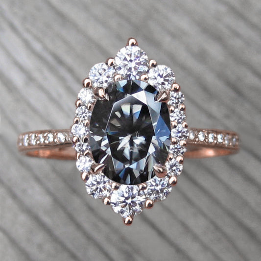 <center><strong>・SOFIA・</strong><br></center> Oval Iconic™ Grey Moissanite, Diamond Halo & Band (2.03ct+)