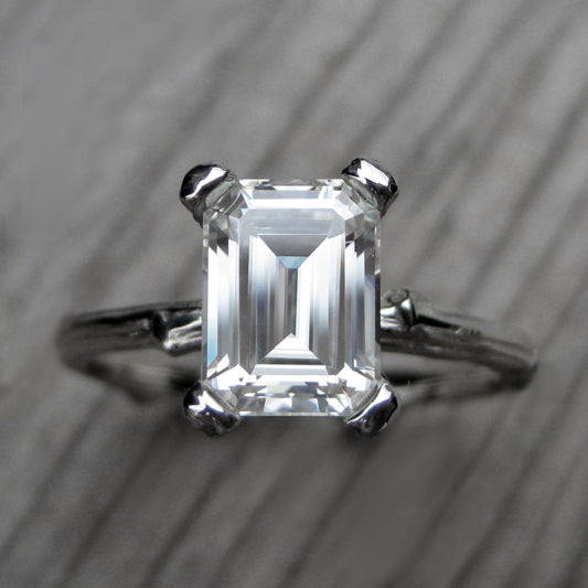 14k White Gold Emerald Cut Forever One Moissanite Twig Engagement Ring; 1.75carat 