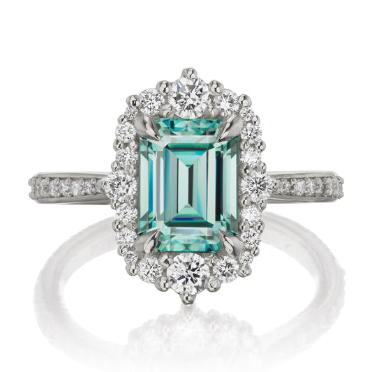 ・ADELINE・Aqua-Teal Iconic™ Emerald Cut Moissanite Center, Diamond Halo (2.27ctw, Ready to Ship)