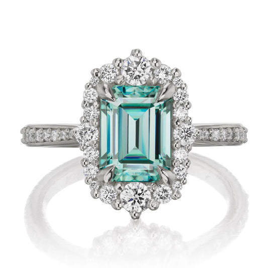::color_white ::shank_halfway_three-quarters ::shank_three-quarters_halfway_no ::| 2.16ctw+ Emerald cut aqua-teal moissanite engagement ring Adeline white gold diamond shank front view