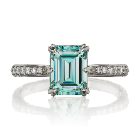 ::color_white ::| 1.75ctw emerald-cut aqua-teal moissanite engagement ring Naomi white gold diamond shank front view