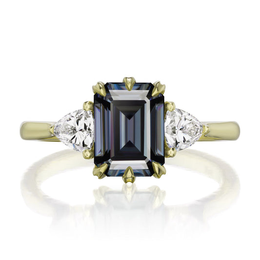 ::color_yellow ::| 2.17ctw emerald cut grey moissanite three stone engagement ring Avery yellow gold trillion diamonds front view