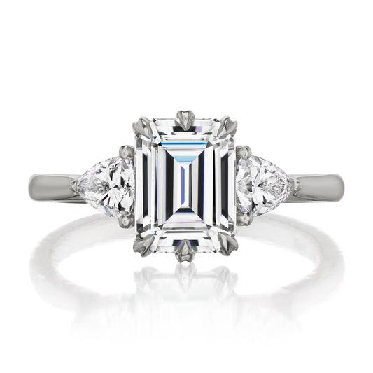 ::color_white ::| 2.17ctw emerald cut moissanite three stone engagement ring Avery white gold trillion diamonds front view