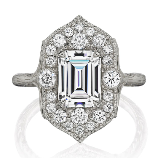 ::color_white ::| 2.30ctw emerald cut moissanite diamond halo engagement ring Estella white gold front view