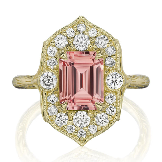 ::color_yellow ::| 2.65ctw emerald cut peach sapphire diamond halo engagement ring Estella yellow gold front view