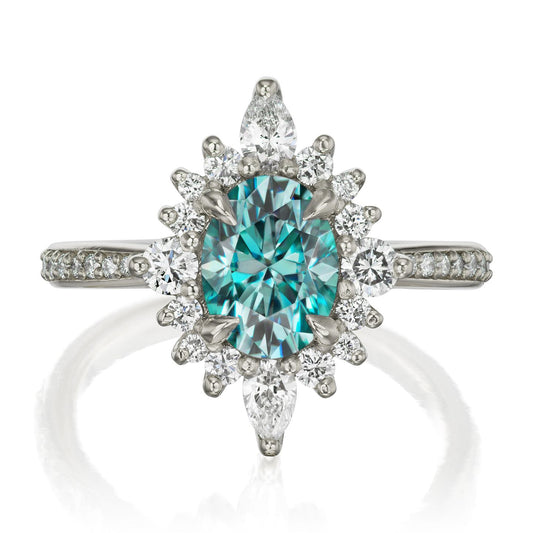 ::color_white ::shank_halfway_three-quarters ::shank_three-quarters_halfway_no ::| 1.98ctw+ oval aqua-teal moissanite engagement ring Anika white gold diamond shank front view