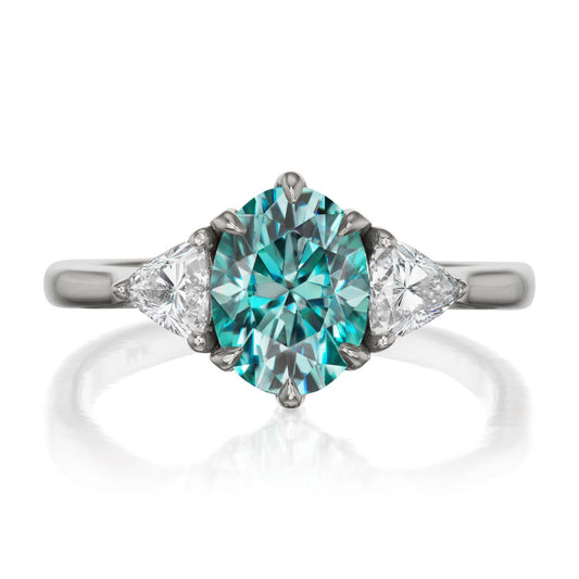 ::color_white ::| 1.92ctw oval aqua-teal moissanite three stone engagement ring Juno white gold trillion diamonds front view