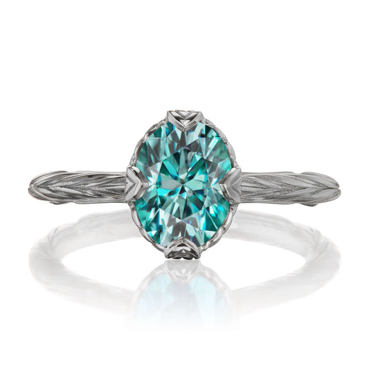 ::color_white ::| 1.5ctw oval aqua-teal moissanite solitaire engagement ring Olivia white gold front view