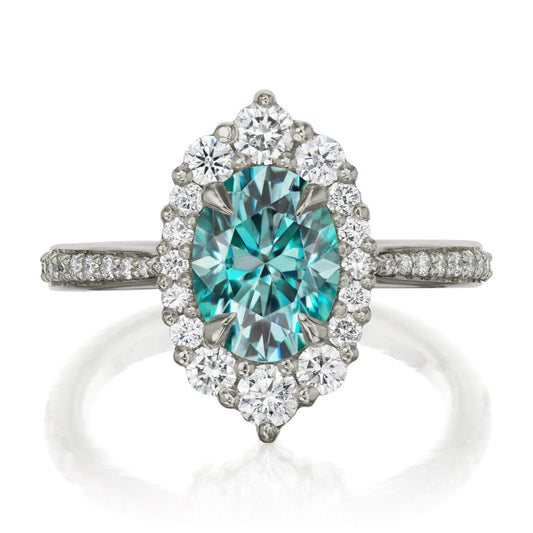 ::color_white ::shank_halfway_three-quarters ::shank_three-quarters_halfway_no ::| 1.93ctw+ oval aqua-teal moissanite engagement ring Sofia white gold diamond shank front view