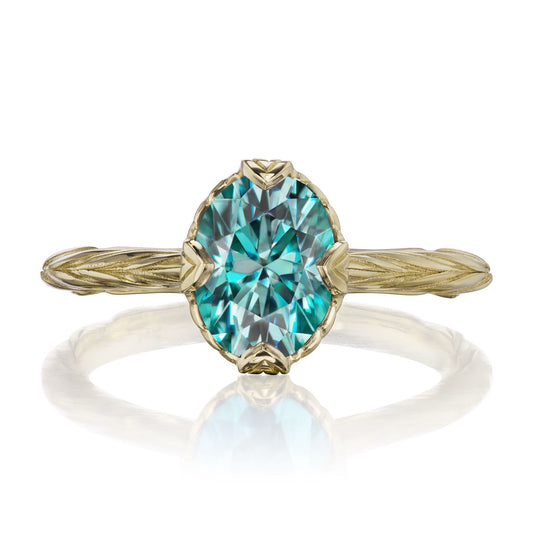 ::color_yellow ::| 1.5ctw oval aqua-teal moissanite solitaire engagement ring Olivia yellow gold front view