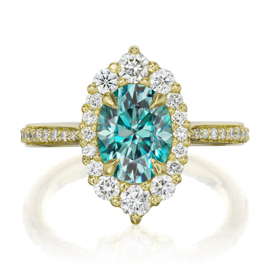 ::color_yellow ::shank_halfway_three-quarters ::shank_three-quarters_halfway_no ::| 1.93ctw+ oval aqua-teal moissanite engagement ring Sofia yellow gold diamond shank front view