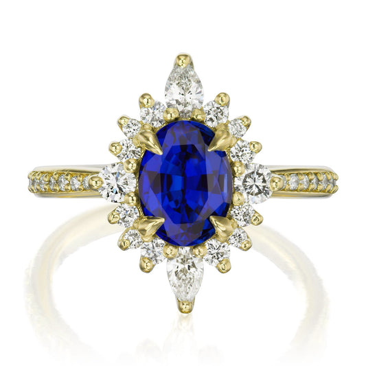::color_yellow ::shank_halfway_three-quarters ::shank_three-quarters_halfway_no ::| 2.23ctw+ oval blue sapphire engagement ring Anika yellow gold diamond shank front view
