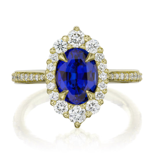 ::color_yellow ::shank_halfway_three-quarters ::shank_three-quarters_halfway_no ::| 2.18ctw+ oval blue sapphire engagement ring Sofia yellow gold diamond shank front view
