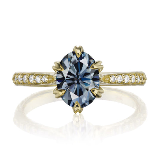 ::color_yellow ::| 1.5ctw oval grey moissanite engagement ring Layla yellow gold diamond shank front view