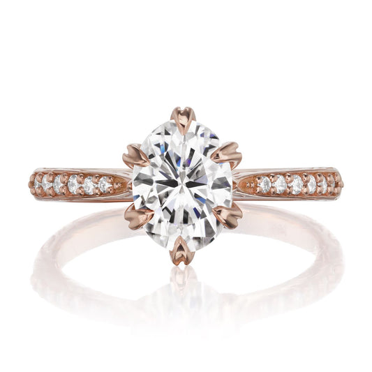 ::color_rose ::| 1.5ctw oval moissanite engagement ring Layla rose gold diamond shank front view