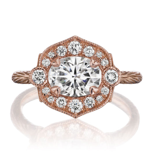 ::color_rose ::| 1.86ctw oval moissanite diamond halo engagement ring Lillian rose gold front view