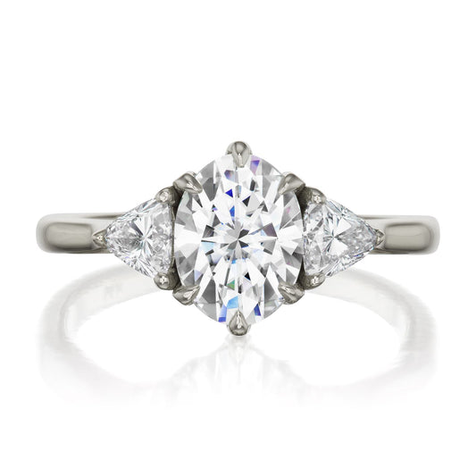 ::color_white ::| 1.92ctw oval moissanite three stone engagement ring Juno white gold trillion diamonds front view