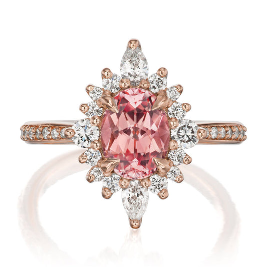 ::color_rose ::shank_halfway_three-quarters ::shank_three-quarters_halfway_no ::| 2.23ctw+ oval peach sapphire engagement ring Anika rose gold diamond shank front view